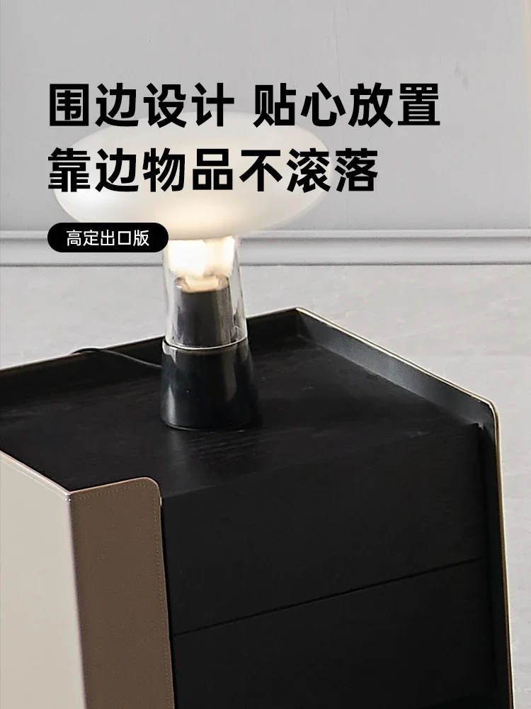 Modern light luxury saddle leather bedside table High-end bedroom bedside, Italian minimalist smoky color storage locker