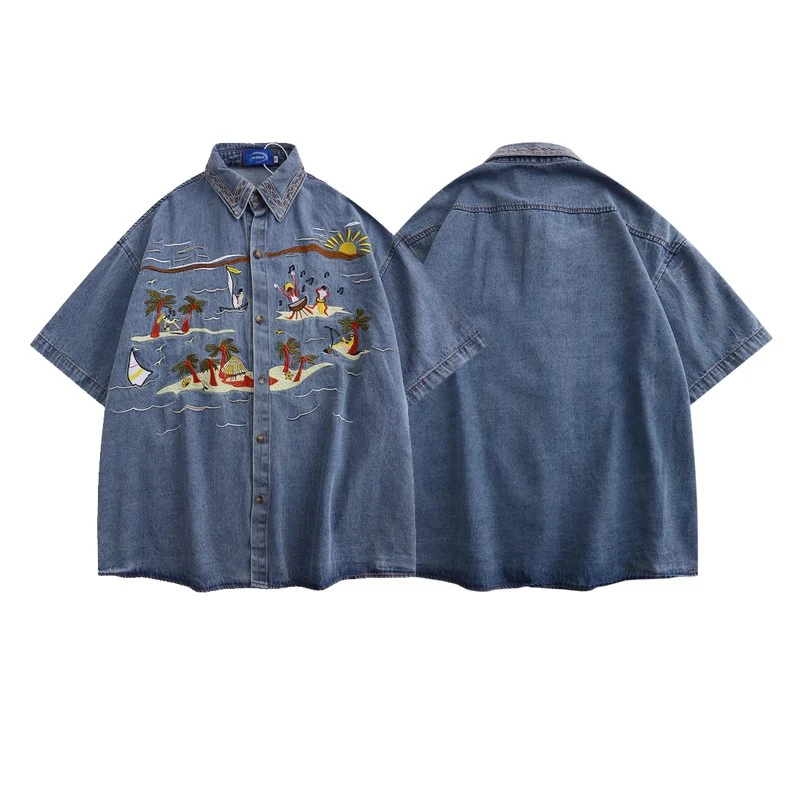 2025 Summer New Men's Tops Embroidered Denim Short-sleeve Shirts Men's American Style Trendy Versatile Loose Comfort Chic Shirt