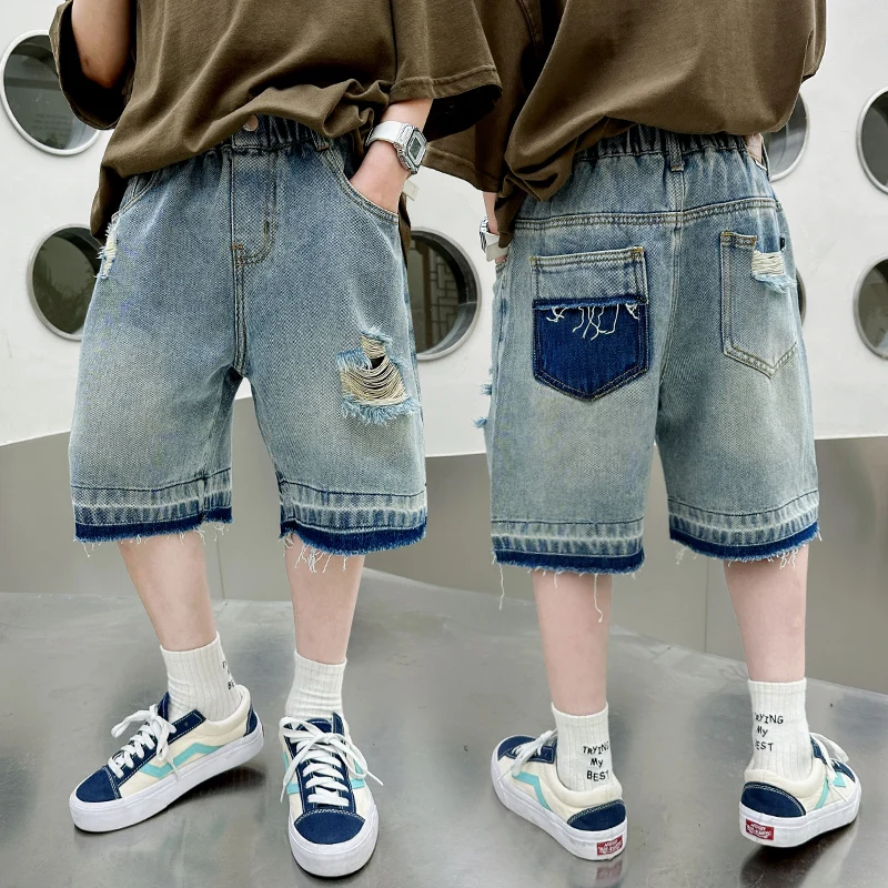 4 6 8 10 12 14 teen boys Denim shorts summer spodnie kids hole Jeans capris Knee Length Children casual pants jean enfant garcon