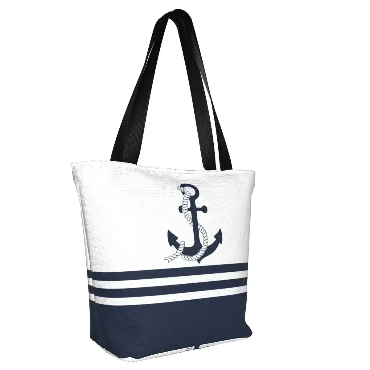 Kawaii Print Nautical Blue Anchors Stripes Tote Shopping Bag Portable Canvas Shopper Shoulder Sailing Sailor Handbag