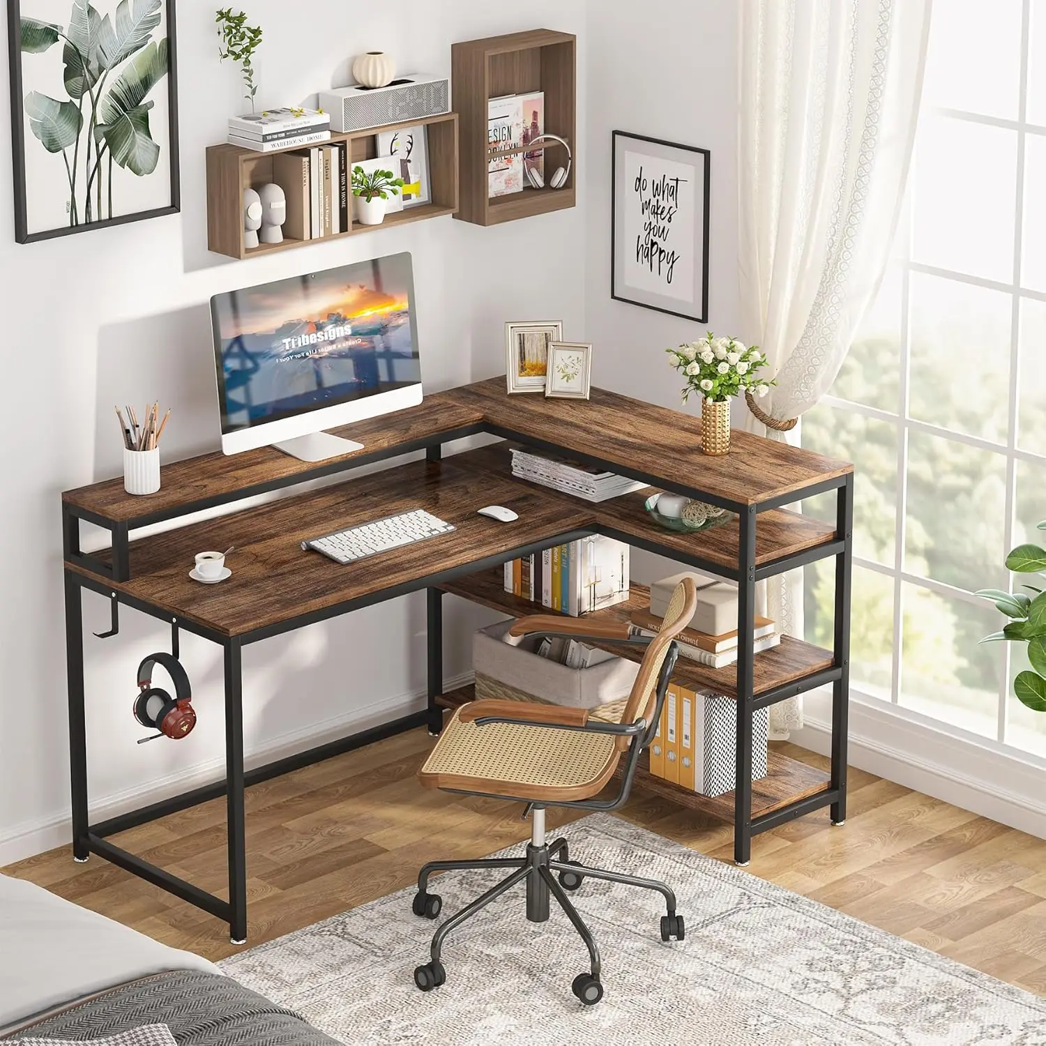 Reversible L Shaped Computer Desk with Storage Shelf, Industrial 53 Inch Corner Desk with Shelves and Monitor Stand