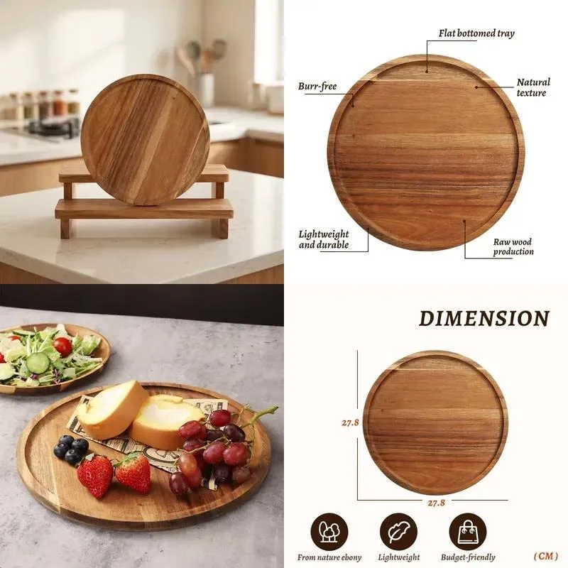 Classic Polished Large Acacia Teak Cake Plate and Fruit Plate Non Toxic Business Gifts Kitchen Gifts