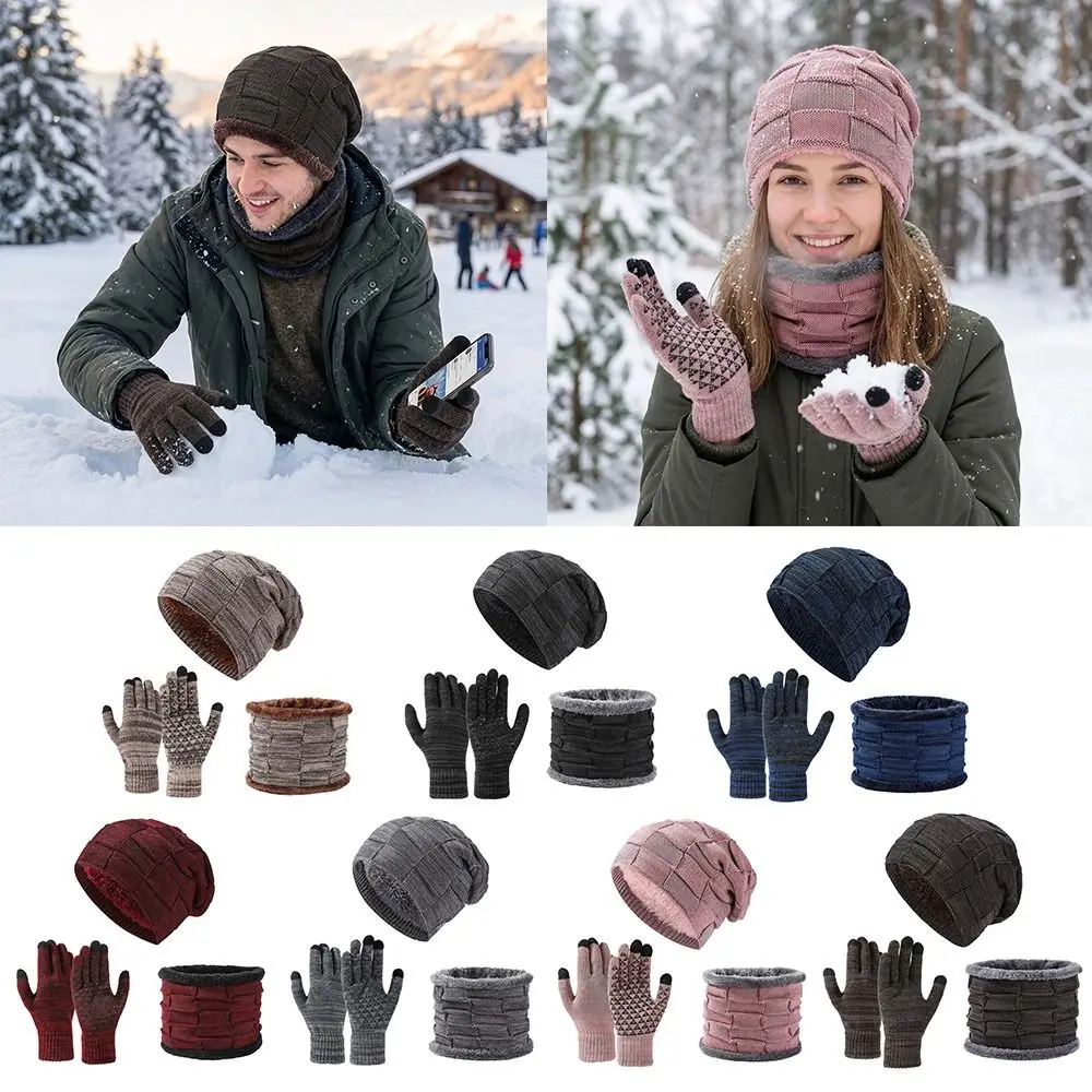 Set 3 Buah/Set Sarung Tangan Syal Topi Musim Dingin Hangat Set Syal Tebal Penghangat Leher Set Beanie Rajut Tahan Angin Elastis