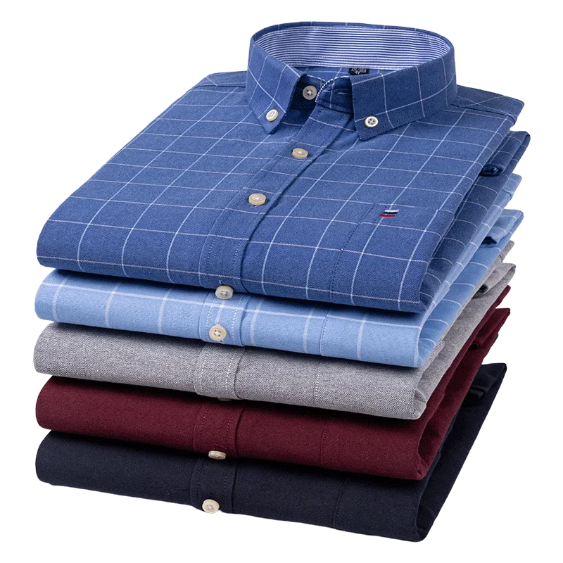 Camisas informales de algodón puro Oxford para hombre, camisas de vestir de manga larga lisas, ajuste Regular, botones de moda