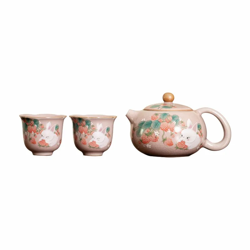 Fenru Kiln Strawberry Rabbit, One Pot, Two Cups, Xishi Pot, Household Tea Making Set, Single Pot, Ceramic Kung Fu Tea Set, Open