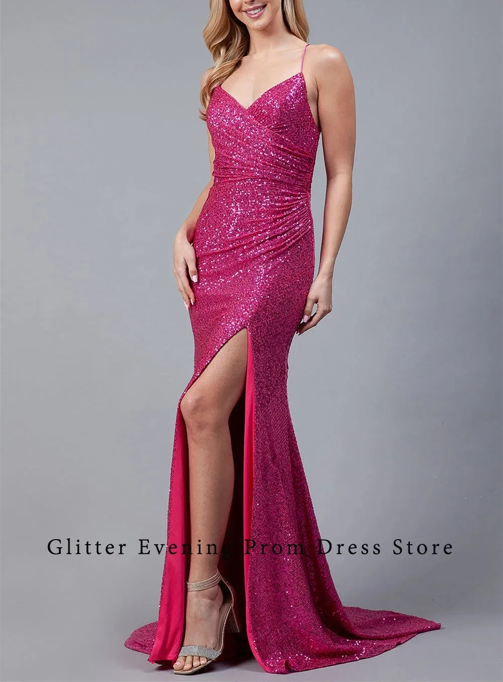 

2024 Modern Simple Sexy Prom Dress Mermaid Split V-Neck Spaghetti Strap Backless Sequined Custom Birthday Evening Party Dresses