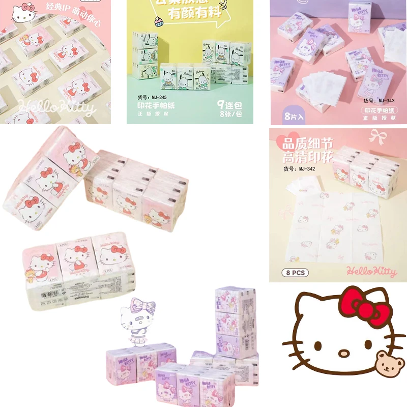 9Pcs Creative Fashion Kiawaii Small Pack Hellokitty Pachacco Printed Paper Napkin Cartoon Portable Mini Handkerchief Paper Girl