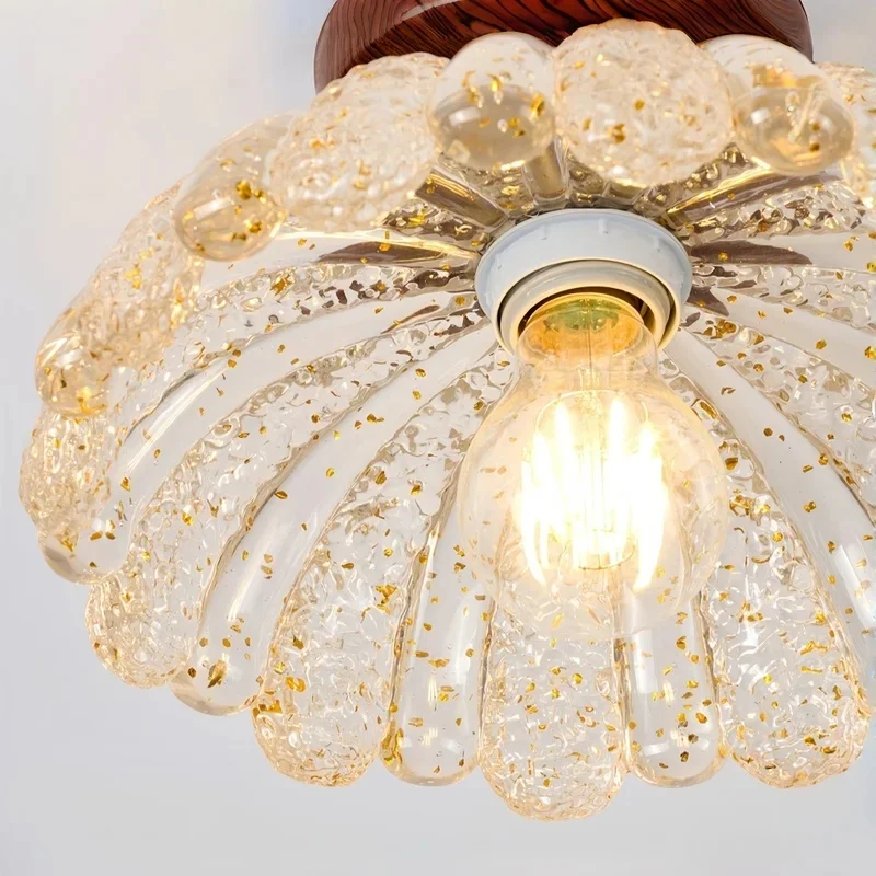 Vintage Lace Texture Glass Semi Flush Ceiling Light Dark Wood Base Retro Small Ceiling Lamp For Entrance Hallway Balcony Bedroom