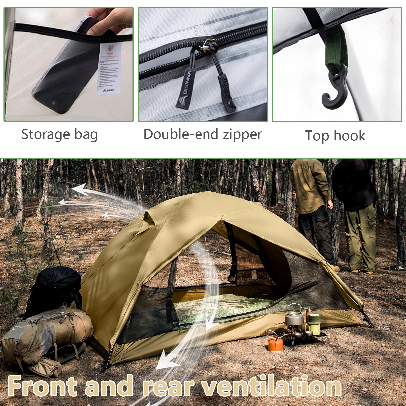 Tienda de campaña BISINNA para 2 personas, tienda de campaña portátil impermeable para mochileros, equipo de camping de doble capa para senderismo y viajes al aire libre