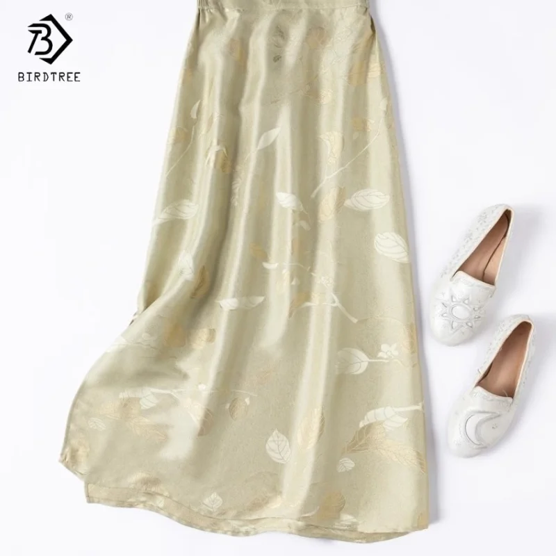 

Birdtree Летняя юбка из 100% шелка, женская жаккардовая шелковая юбка с эластичной резинкой на талии и разрезом, прямая юбка, новинка лета 2025 D55709JF