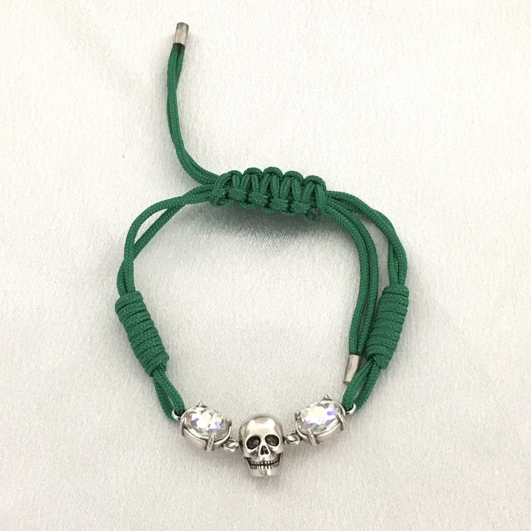 Europe Fashion Green Handmade Woven Cord Bracelet Skull Silver Crystal Bracelet Women Designer Brand Trend