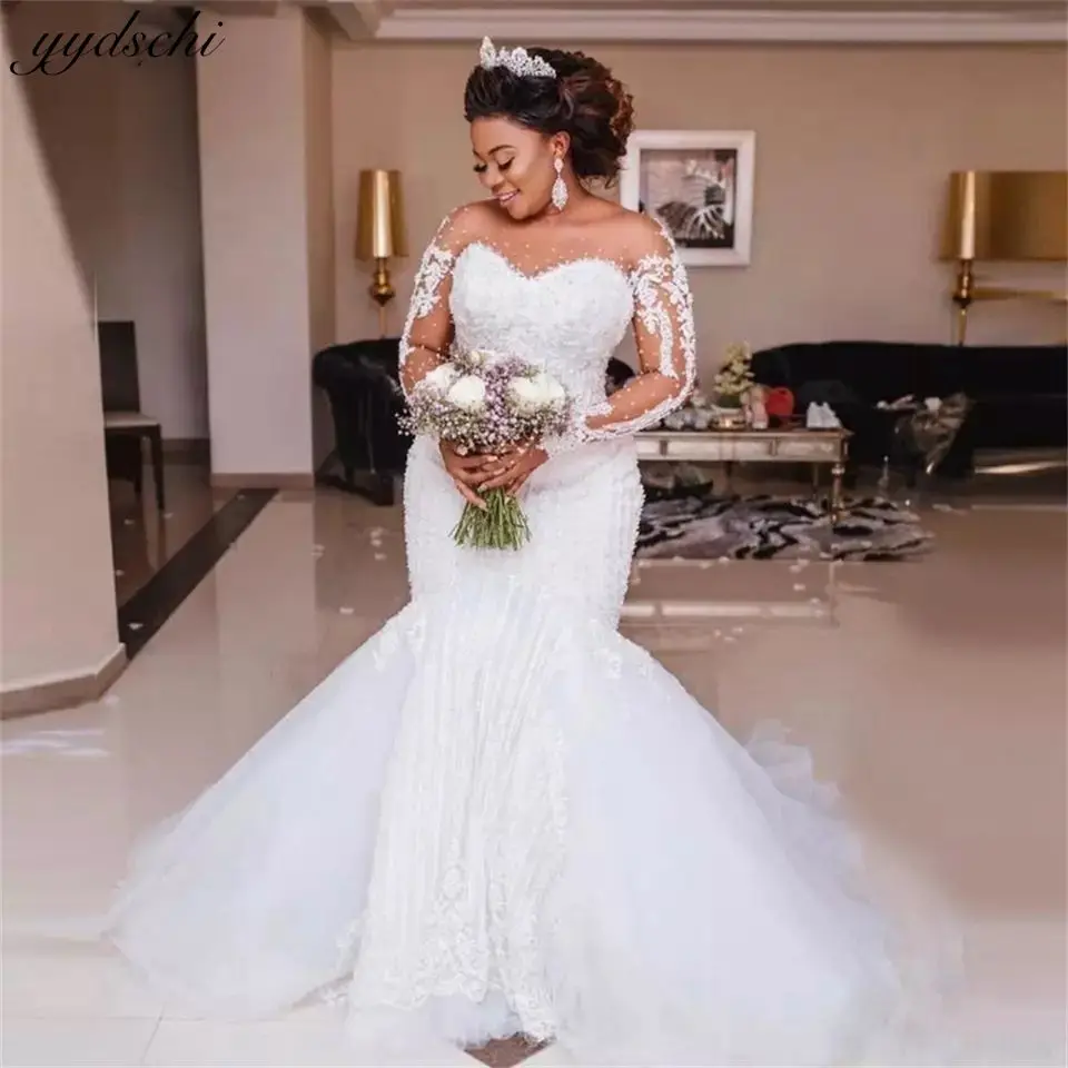 

Charming Sweetheart Neck Appliques Cut-out Illusion Button 2024 Wedding Dress Full Sleeves Sweep Train Mermaid Bridal Dress