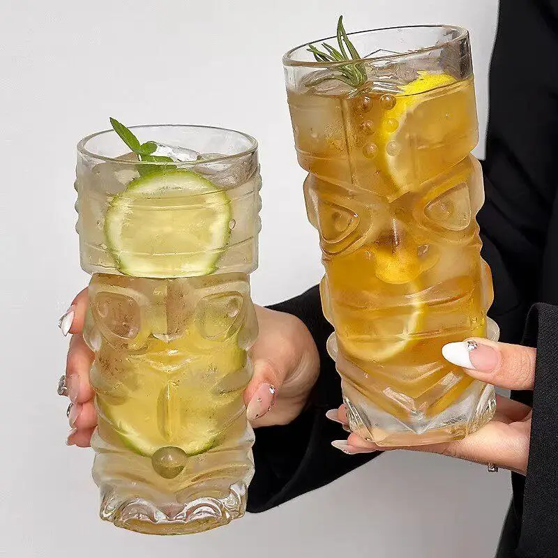 High Aesthetic Value Glass Cup Bubble Cocktail Coffee Unique Design Tiki Mask Cup Ins Style round Shape Single Layer Glass Cup