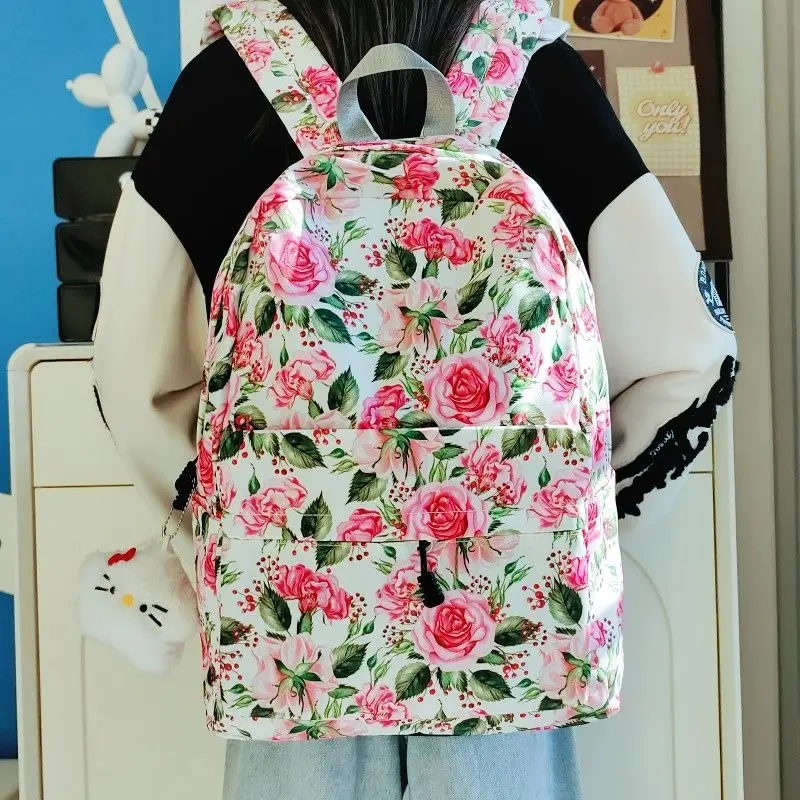 

Pastoral Style Retro Rose Florals Fashion Large Capacity Storage Bag Student Schoolbag Commuting Travel Backpack Woman Bag
