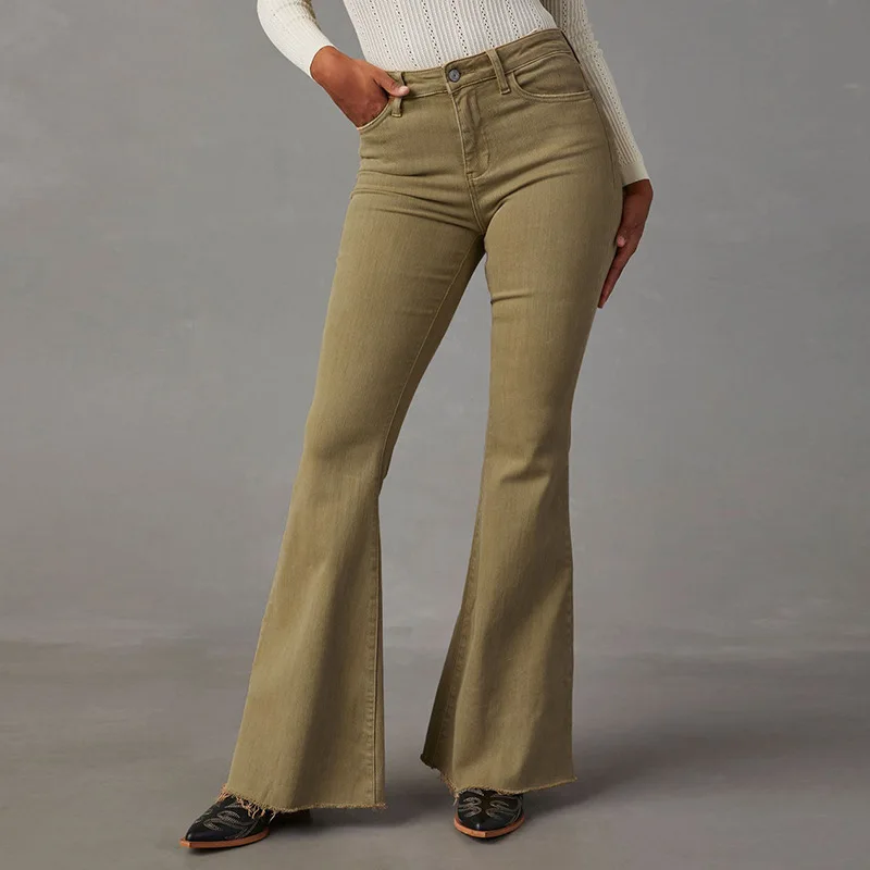 

Women’s Vintage High Waist Khaki Flare Pants Stylish Slimming Fashionable Retro Denim Trousers Bell-Bottom Jeans