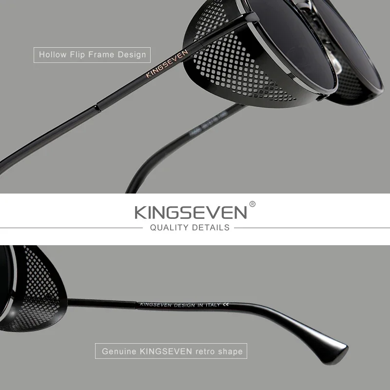 KINGSEVEN Brand Classic Gothic Steampunk Sunglasses Polarized Men  Vintage Round Metal Frame Sun Glasses Eyewear