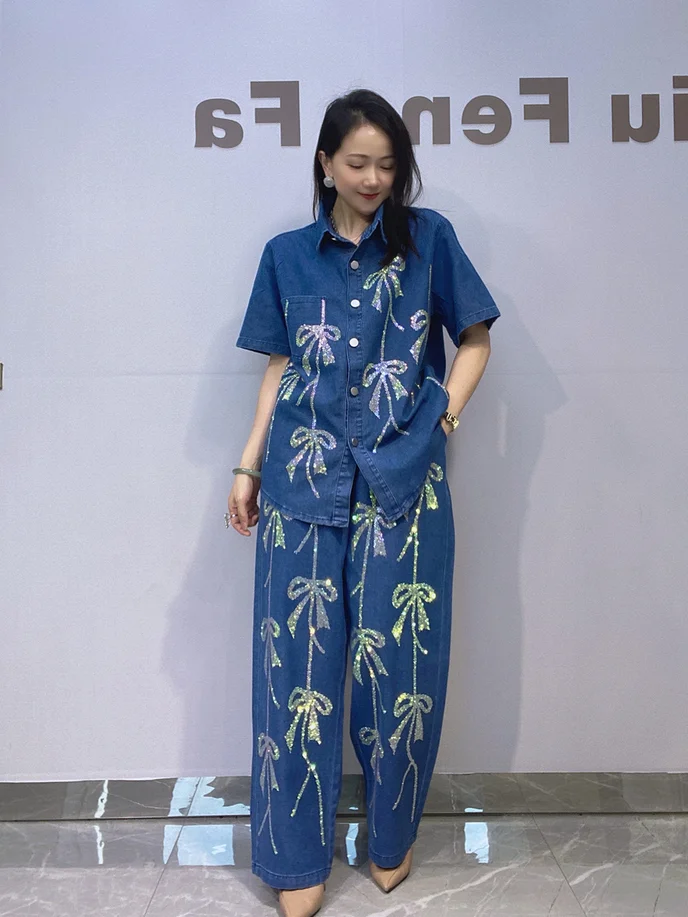 Fashion 2 Piece Denim Sets Women Outfits Bowknot Hotfix Rhinestones Diamonds Casual Short Sleeve Shirt Pant Set Summer