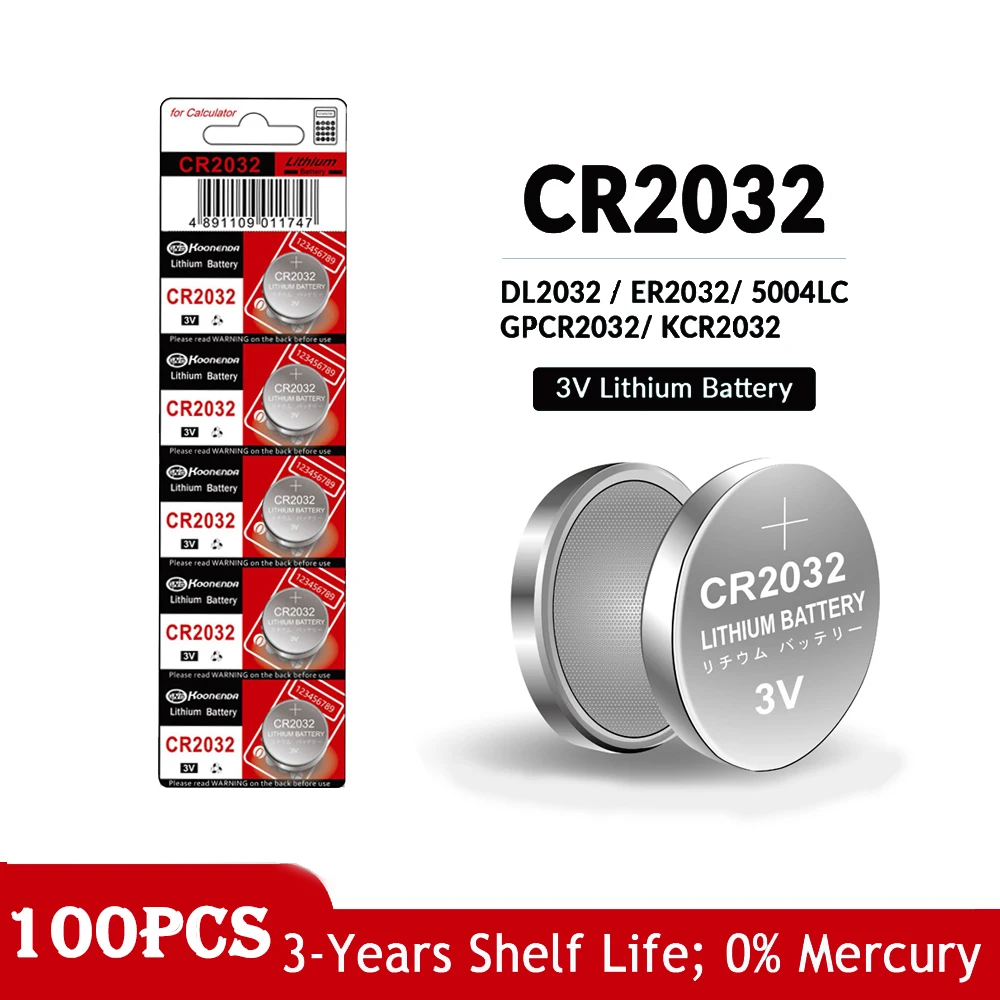 

100PCS 200mAh CR2032 Battery 3V Lithium Coin Cell CR 2032 Car Remote Watch Battery DL2032 BR2032 ECR2032 L2032 5004LC KCR2032