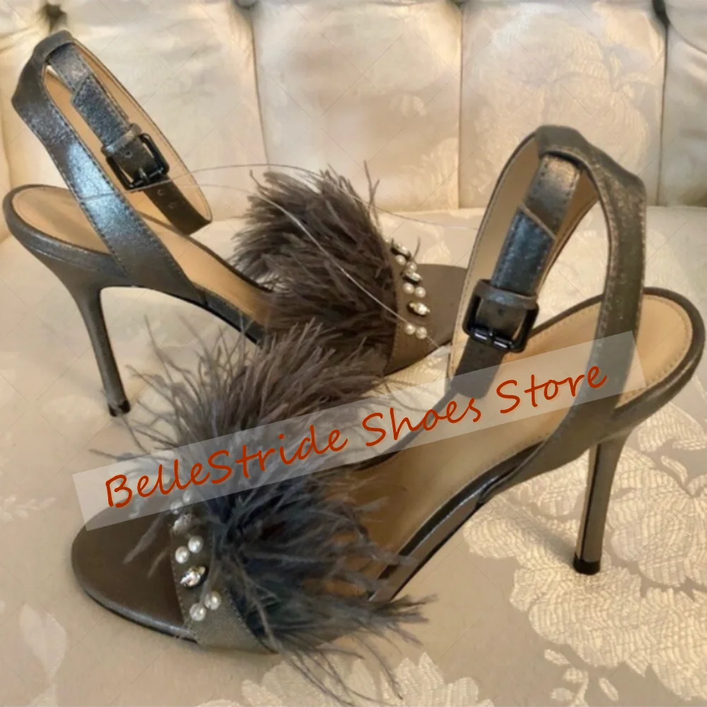

Grey Feather Decor Open Toe Crystal Sandals Buckle Strap Women Shoes Thin High Heels Party Banquet Dating 2025 Zapatos Para Muje