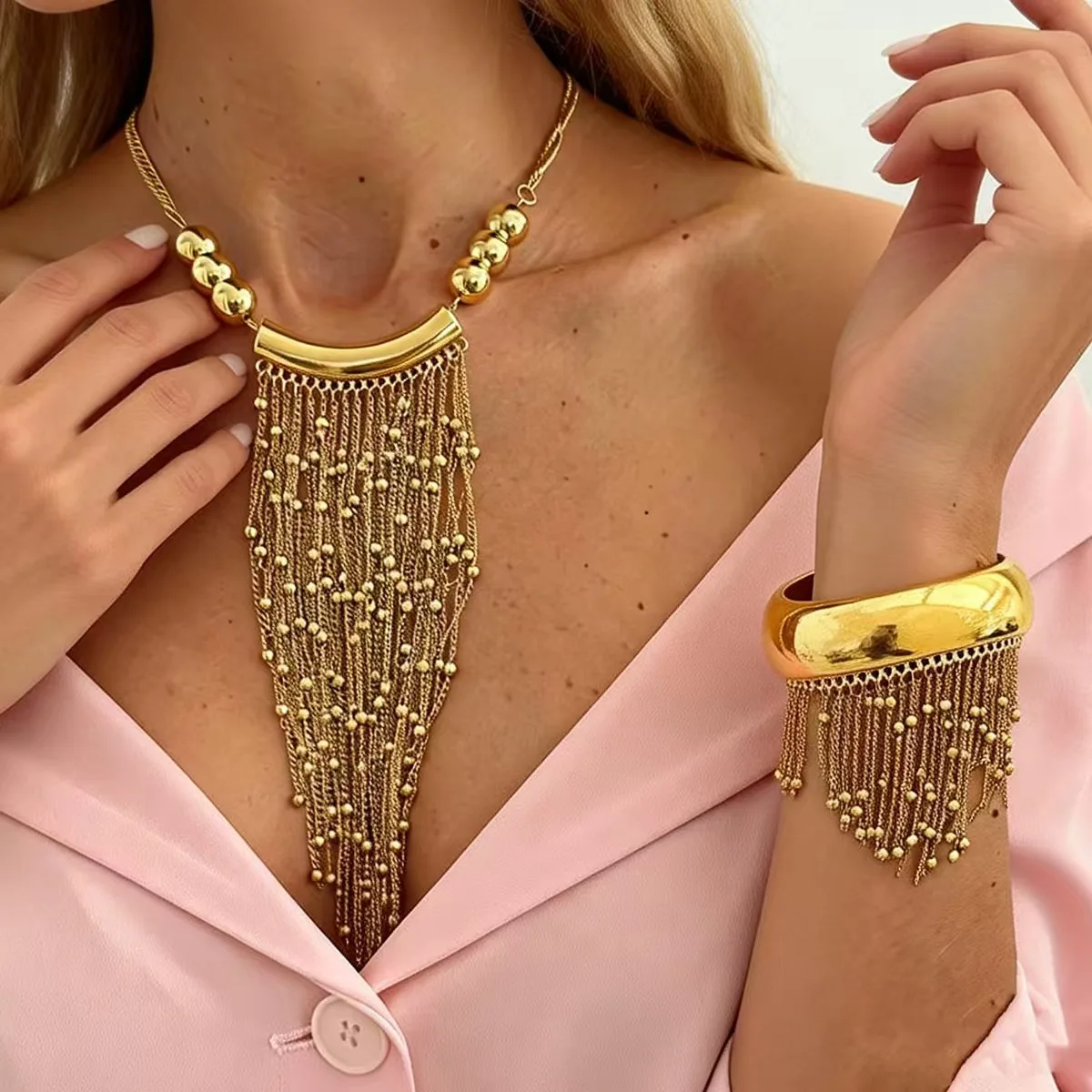 

Elegant Long Beaded Geometric Necklace And Bracelet Set for Women Commute Party Jewelry Daily Accessory with Exaggerated Chain F