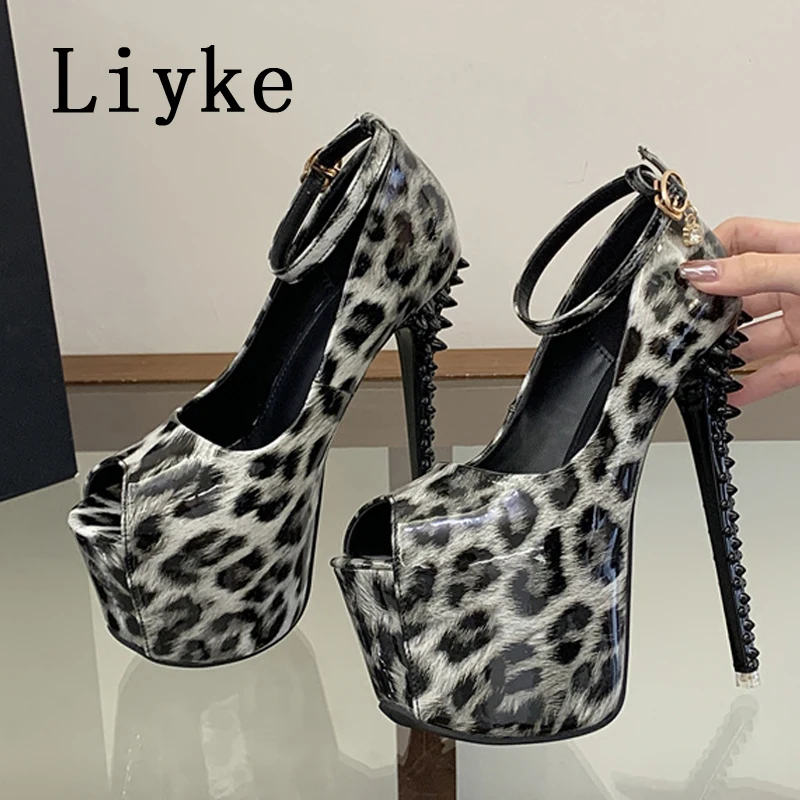 Liyke Sexy Leopard Print Patent Leather Platform High Heels Stripper Pole Dance Shoes Women Pumps Fashion Rivet Stiletto Sandals