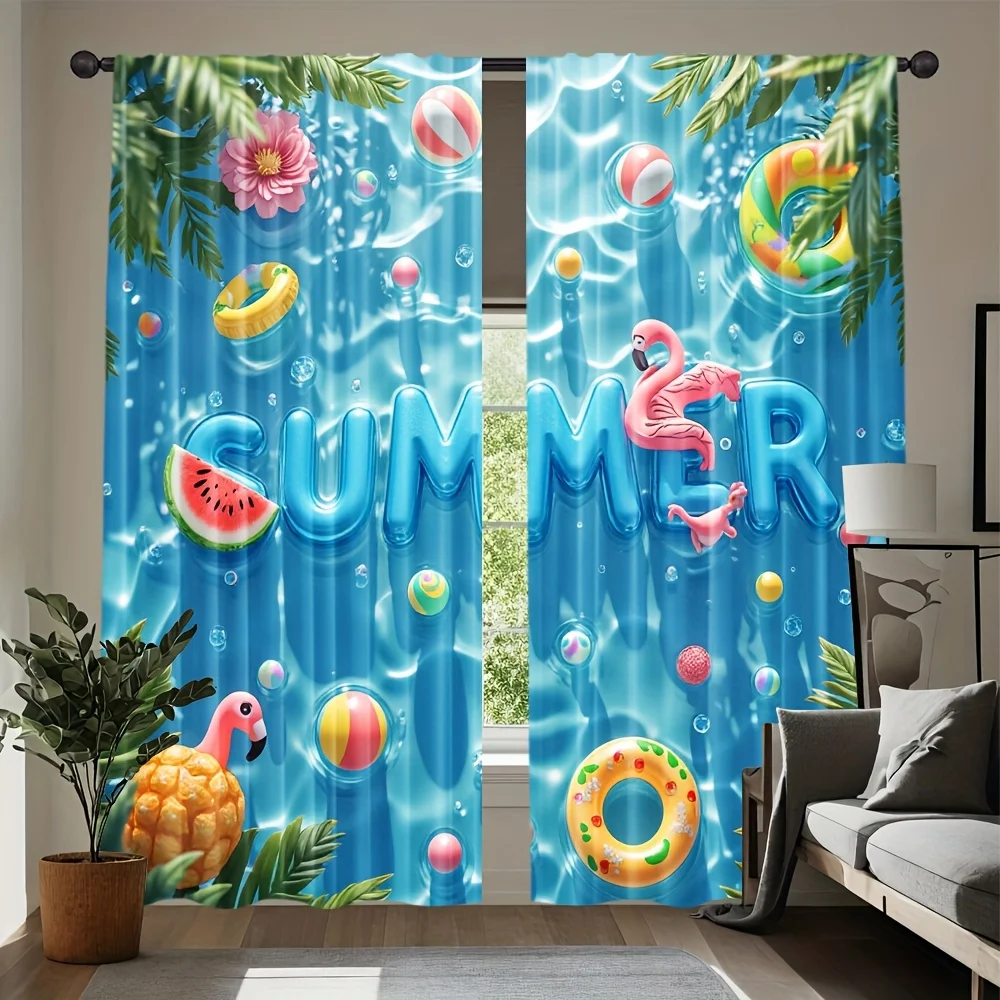 Summer Pool Party Curtains, Flamingo Watermelon Print Window Drapes, Tropical Beach Decor, Blackout Fabric for Kids Room Living