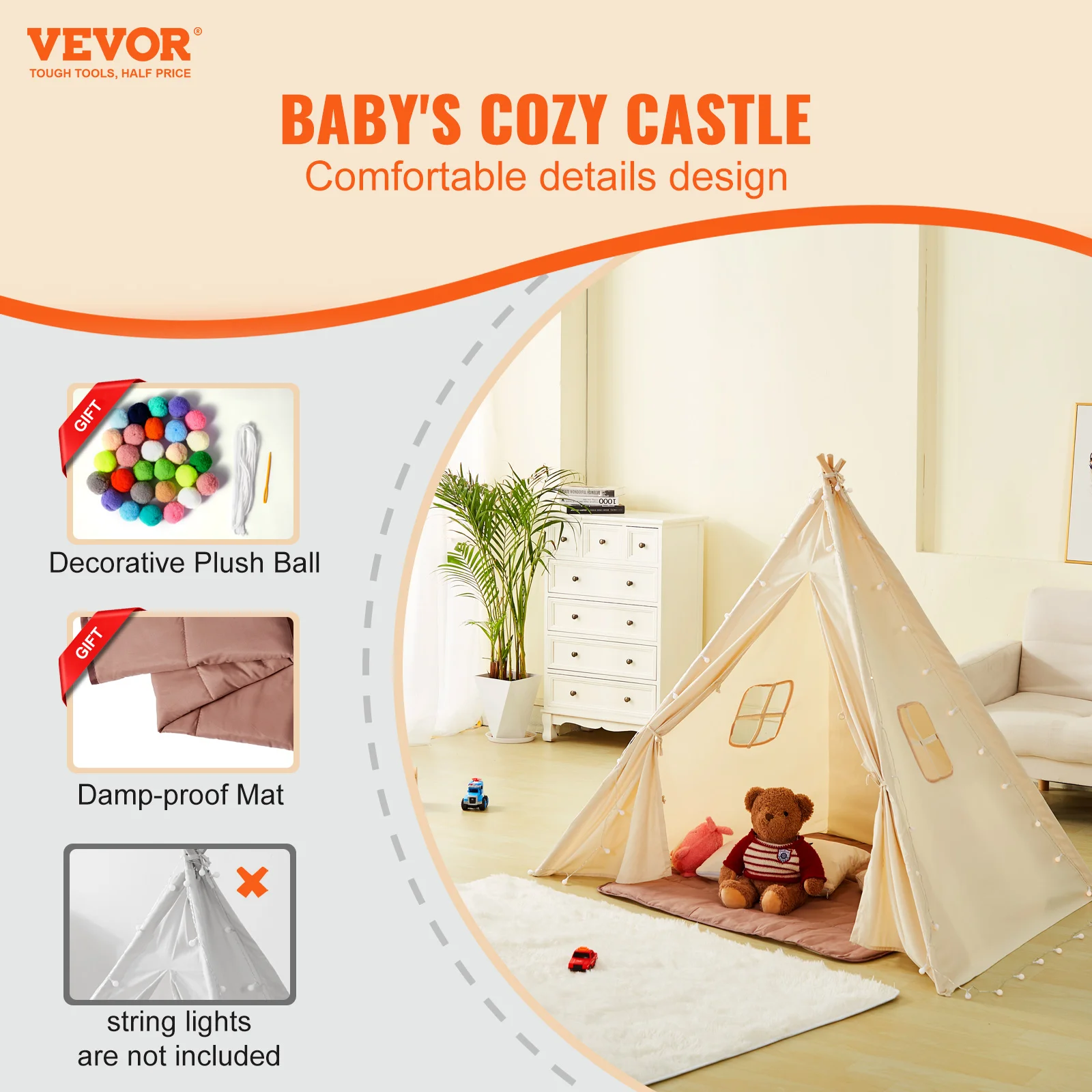 VEVOR Kids Play Tent Teepee Tent for Kids 1-5 Years Old Tent for Kids with Windows for Indoor and Outdoor Toddler Tent