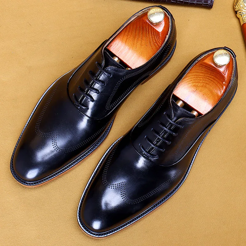 HNXC Brand Brown Black Genuine Leather Oxford Dress Shoes High Quality Lace Up Suit Shoes Footwear Wedding Formal Men‘s Shoes