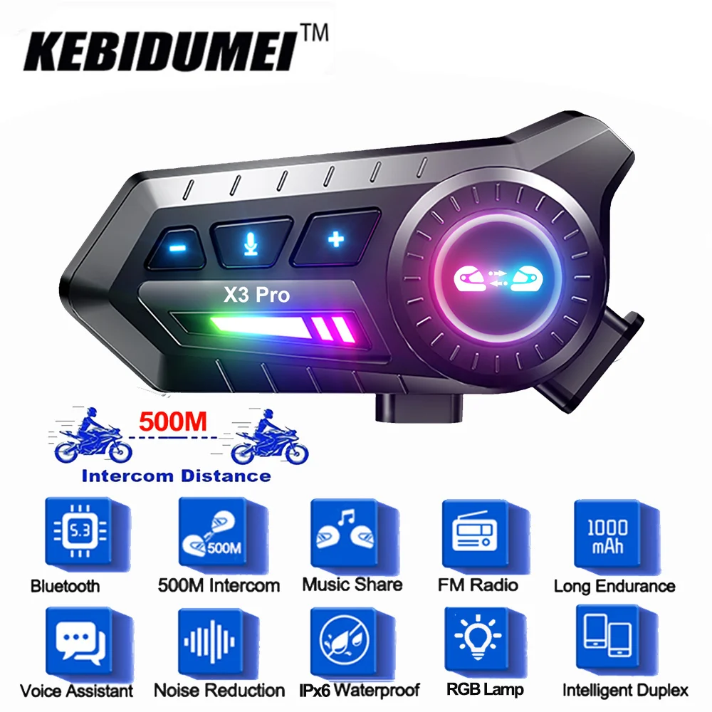 

BT6.0 Motorcycle Intercom Helmet Headset 500M FM Radio Wireless Interphone Music Share 1000mah Battery Waterproof For 2 Riders