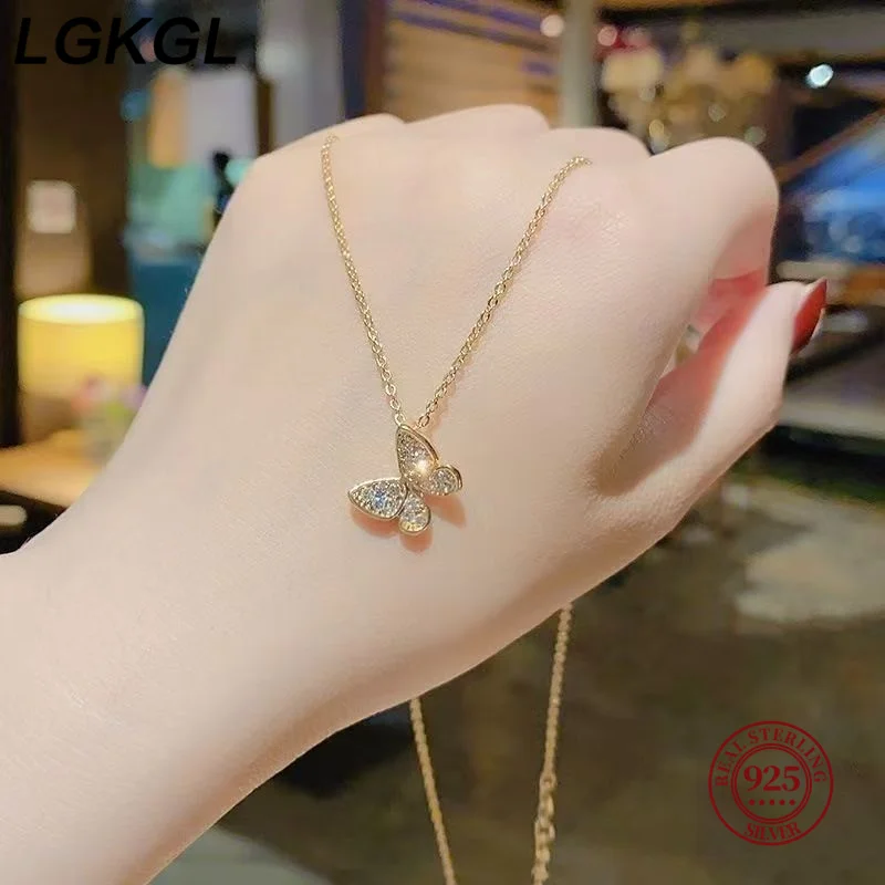 

LGKGL S925 Sterling Silver Butterfly Necklace 18K Gold Plated Korean Style Diamond Embedded Luxury Ins Popular Clavicle Chain