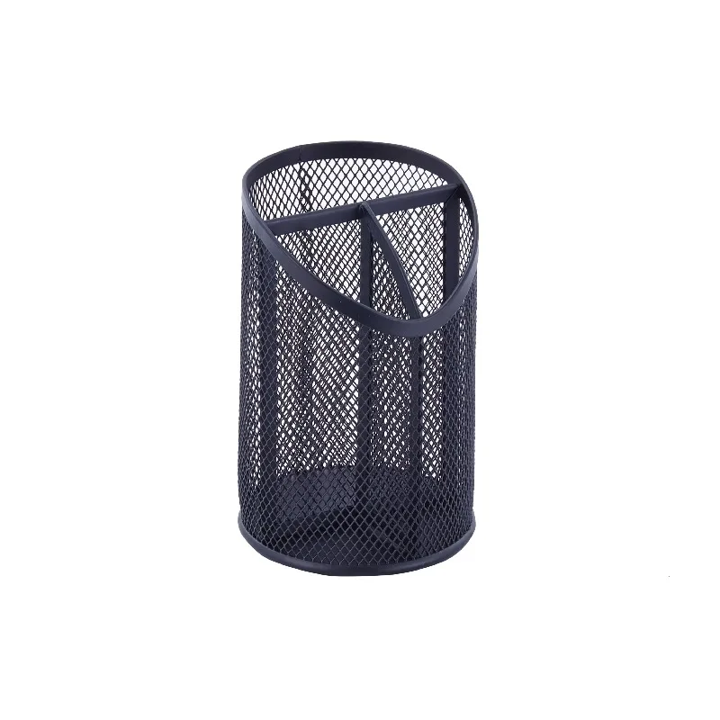 Pencil Holder, Metal Inclined Mesh Pen Cup, Black, 3 Compartments