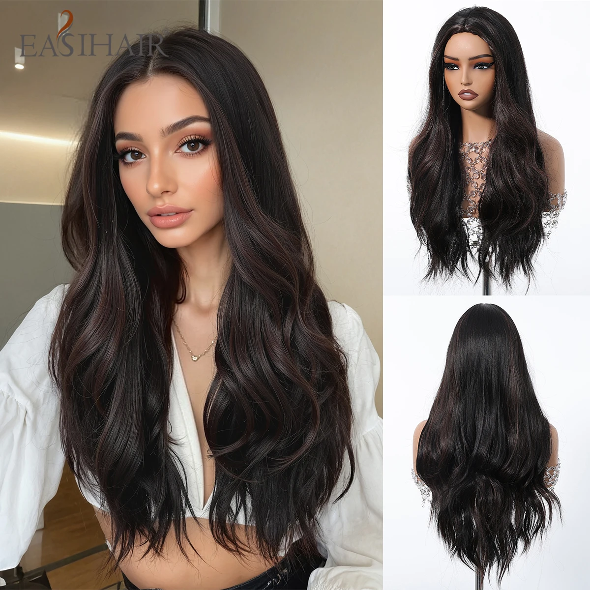 EASIHAIR Long Wavy Dark Brown Synthetic Wigs for Women Middle Part Curly Hair Wigs for Daily Use Party Heat Resistant Fiber Wig