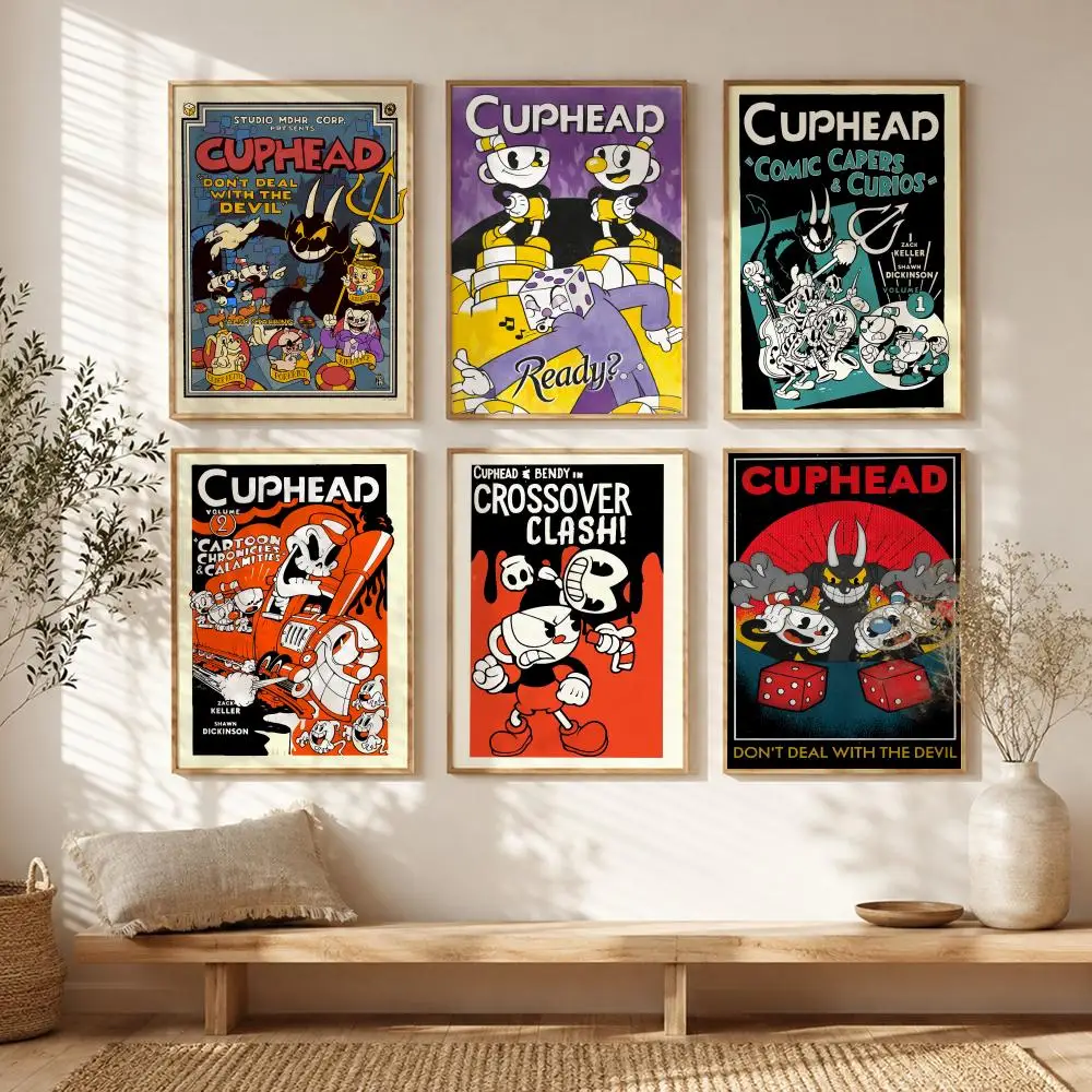 Póster retro de C-Cuphead, pegatina artística de pared autoadhesiva impermeable HD que combina con todo, para el hogar y el dormitorio