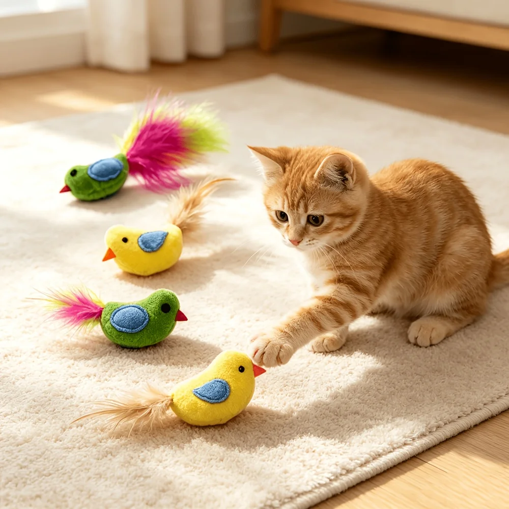 1 Random-colored Bird-shaped Cat Toy,a Soft Chew Toy for Cats with an Artificial Feather Tail,an Interactive Indoor Cat Doll Toy