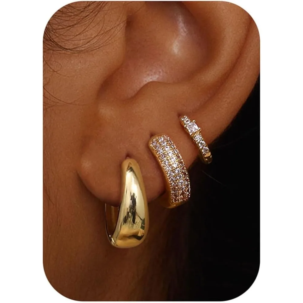 Drperfect, 3 pares de pendientes de aro gruesos chapados en oro de 14 quilates pequeños para mujer, pendientes de aro sin deslustre, joyería para Piercing