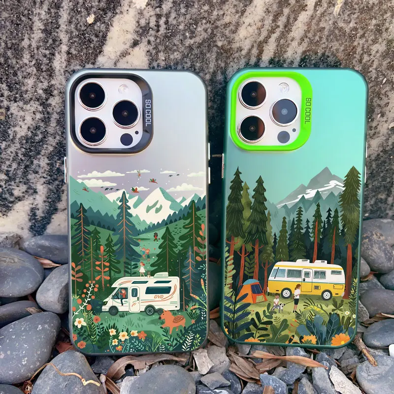 Summer Tourist Scenery Recreational Vehicle Phone Case For iPhone 12 11 14 Pro Max 15 13 Mini Pro Max 15 14 Plus Laser Covers