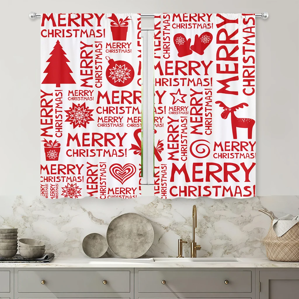 2pcs Curtains With Red Christmas Letter Print, 100% Polyester; Christmas Decor Curtains For Children's Rooms; New Year's Gift.