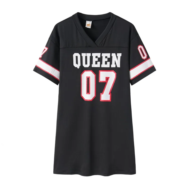 2025 New Fashion V-Neck Queen Letters Print Dress Short Sleeve Basketball Sporty Style Sexy Loose Female Clothing Streetwear - Image 5