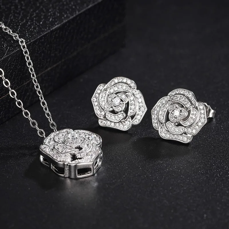 Huitan Elegantes Blumen-CZ-Schmuckset für Damen, 2-teiliges Set mit Rosenanhänger-Halskette und Ohrringen, Cubic Zirconia Braut-Hochzeits-Accessoires – Detail 7