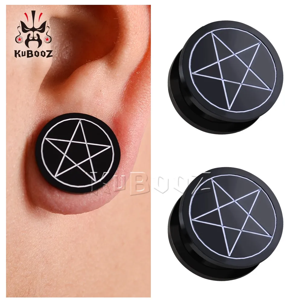 KUBOOZ-pendientes acrílicos con pentagrama, Piercing de color negro, dilatadores, joyería corporal, 2 piezas