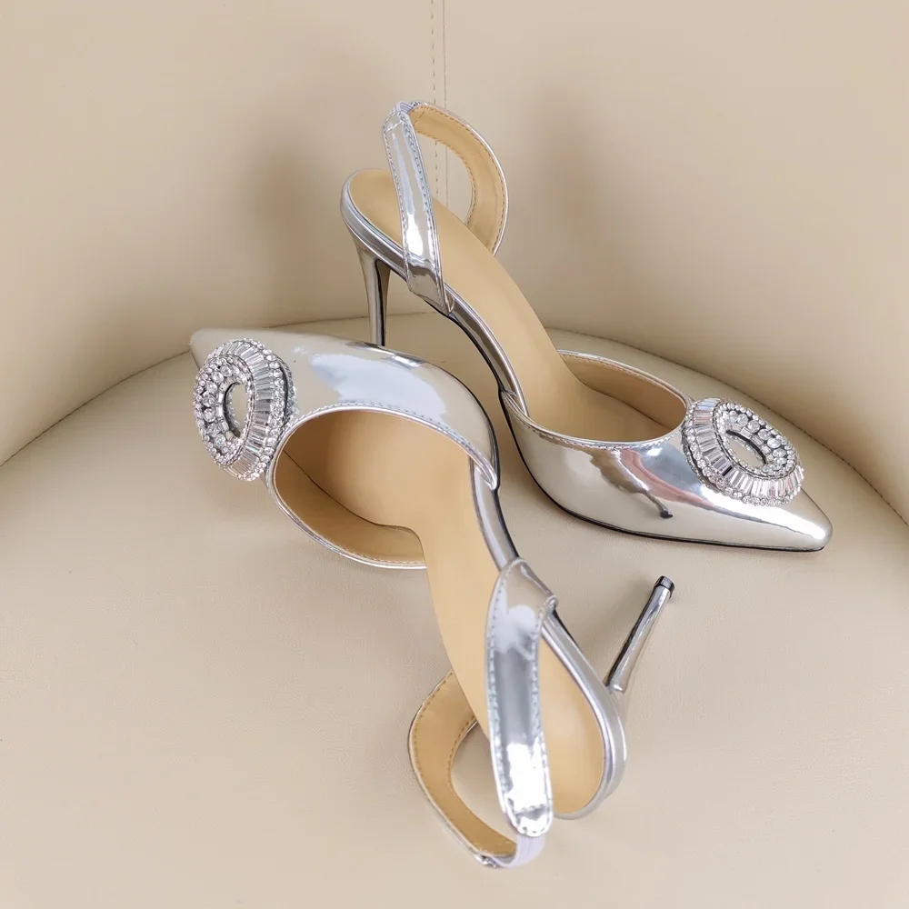 Metallic Pointed Toe Women Pumps Thin Stiletto High Heel Pumps Elastic Slingback Rhinestone Sandals Wedding Silver Lady Shoes