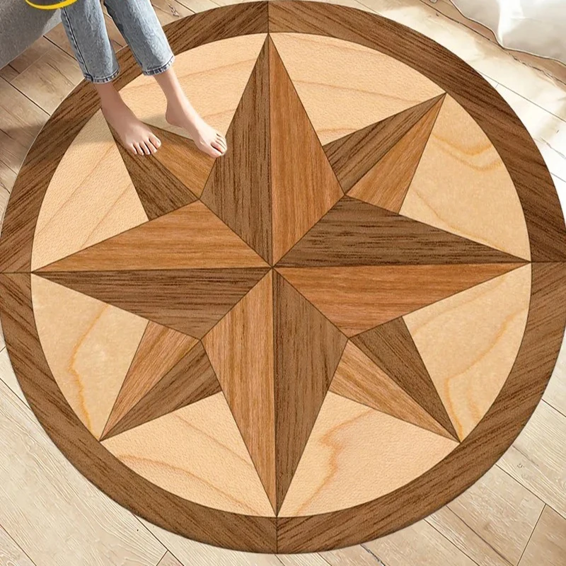 Compass Patterned Round Rug with Nautical Star Design Floor Mat for Living Room Bedroom Decor, Colorful Geometric Compass Rose