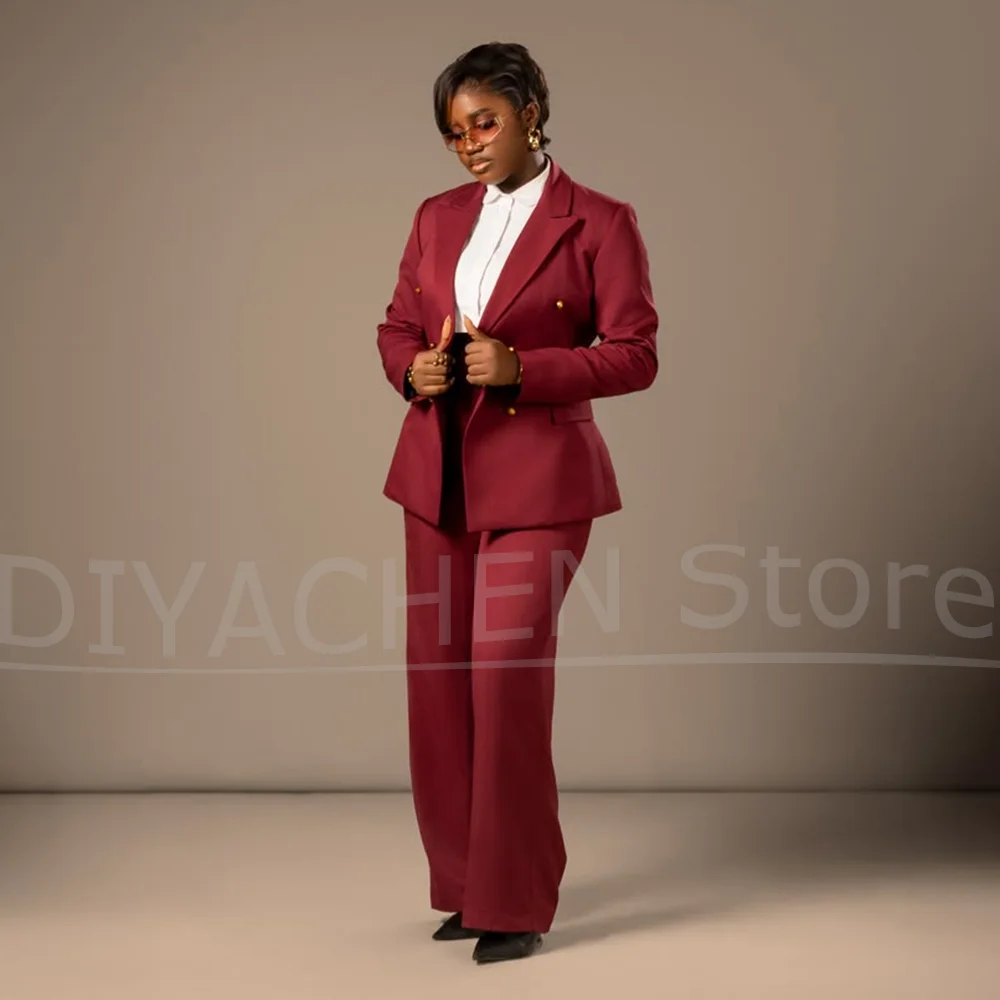 Women Suit Double Breasted Gold Button Blazer And Wide Leg Pants Two Piece Elegant Formal Office Business Casual Party Tuxedo