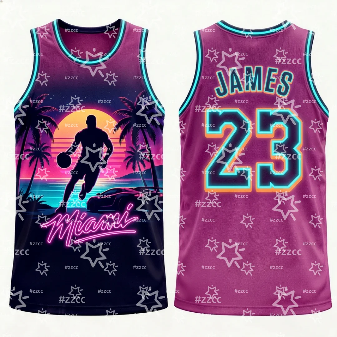 2026 Lebron James Nr. 23 Basketball-Trikots Retro Miami Coastal Crime Grafik-T-Shirt Sommer-Sport Herren-Tanktop Kinderbekleidung – Detail 2