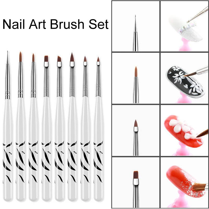 Set di pennelli per unghie con manico zebrato per Nail Art Design Manicure polvere liquida acrilica pennelli per Gel UV strumenti per pittura con penna da disegno a linea