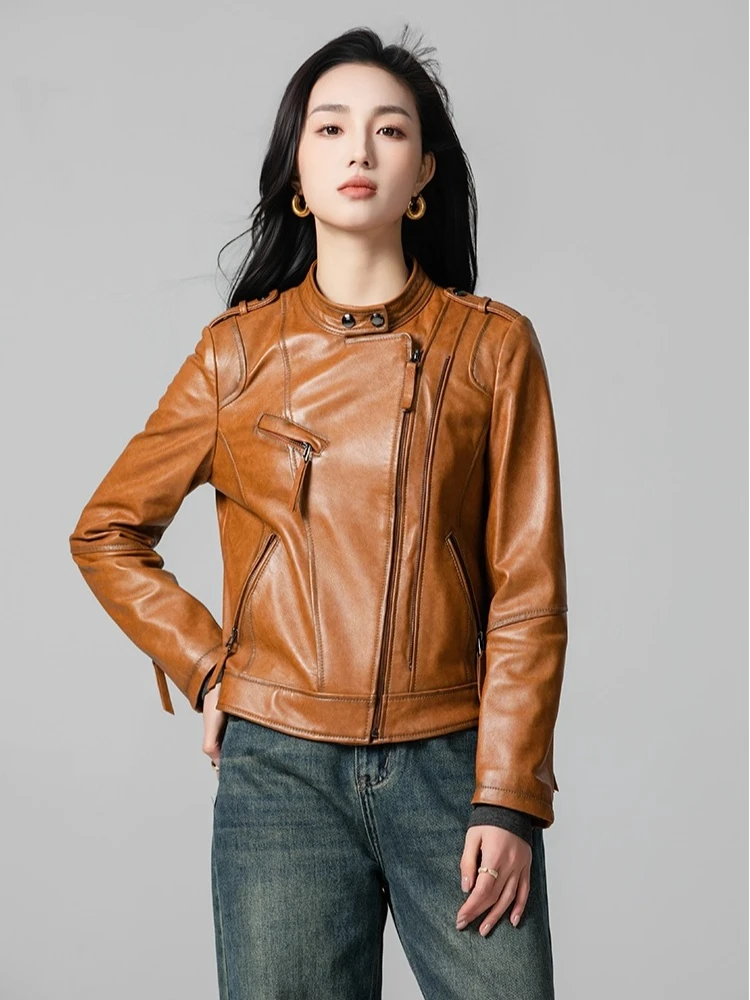 

Casual Genuine Leather Motorcycle Jackets for Women Spring Autumn High-end Simple Stand Collar Slim Short Real Sheepskin Coat