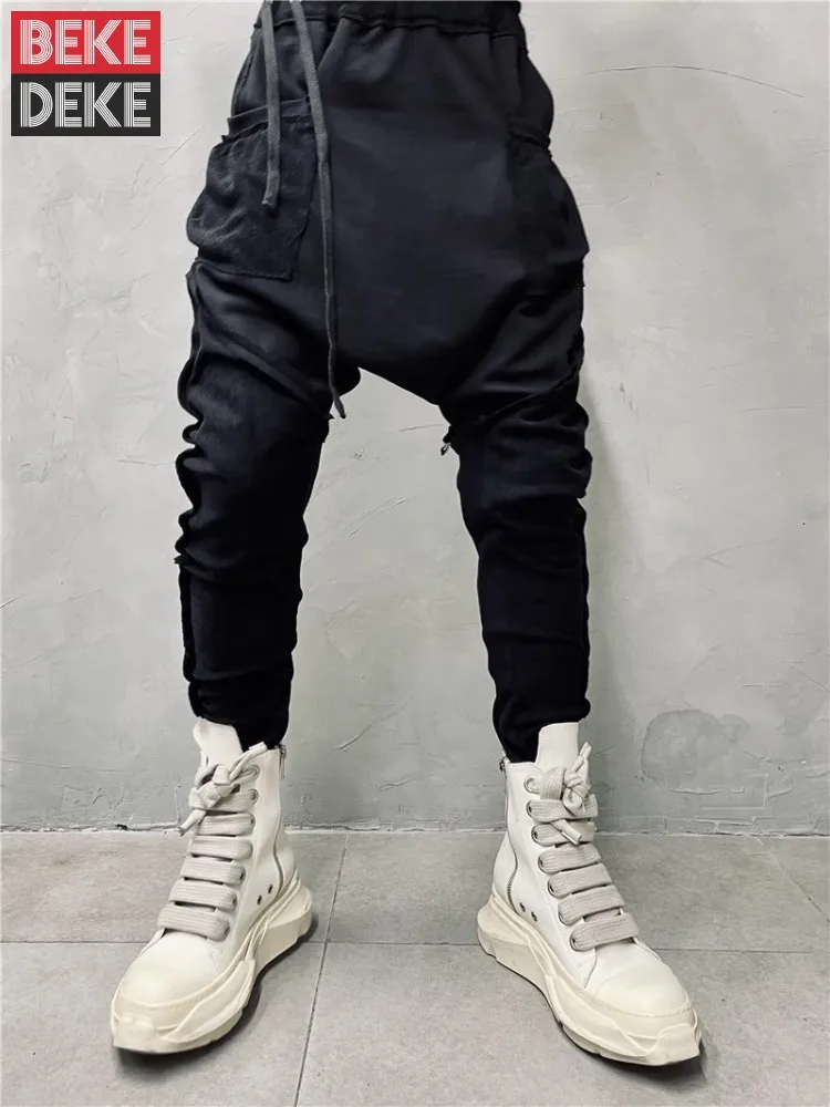 

New Designer Men Drop Crotch Harem Pants Spliced Sweatpants Male Casual Streetwear Long Trousers Pockets Vintage Pencil Pants