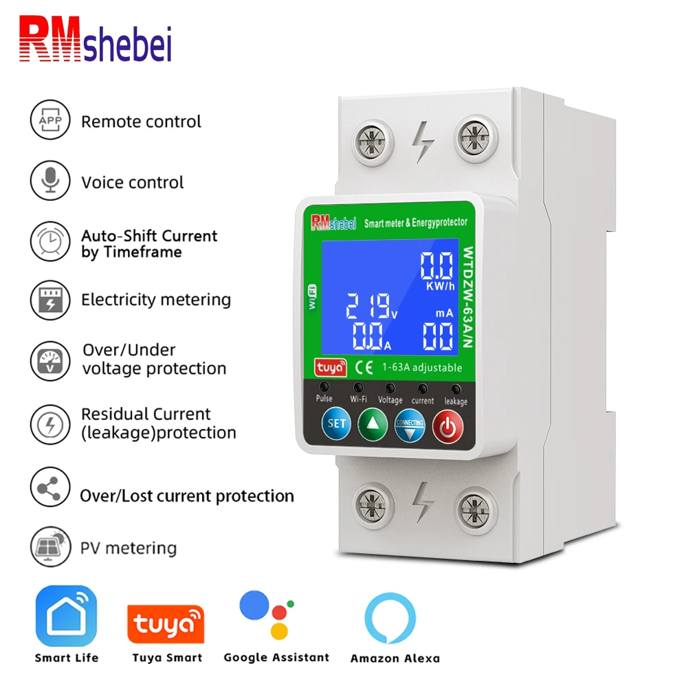 RMshebei tuya wifi smart circuit breaker alexa Voltage relay 220v home assistant smart life electric consumption meter 63A