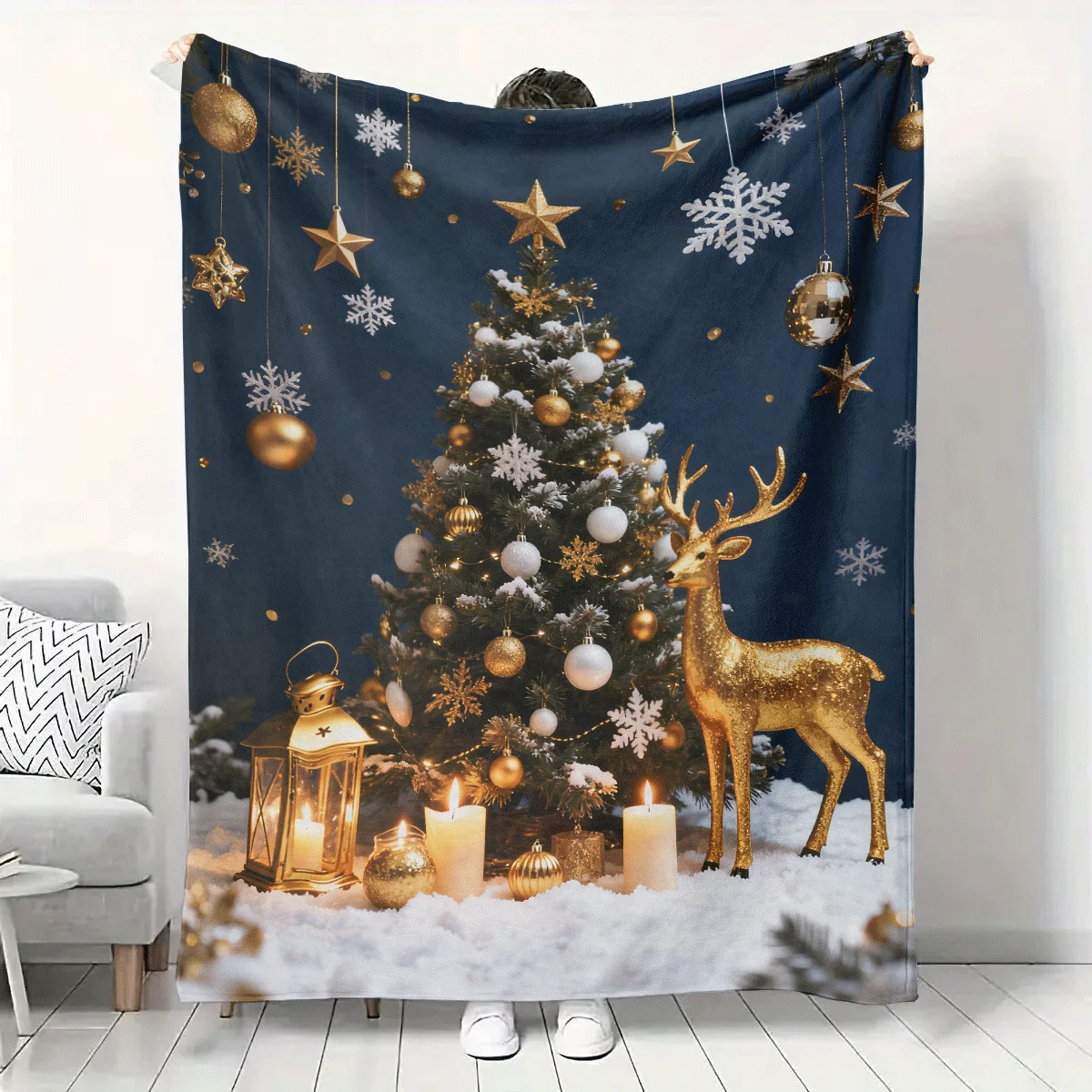 

1PC Luxurious golden Christmas decoration blanket, Christmas tree reindeer, warm holiday home warm blanket