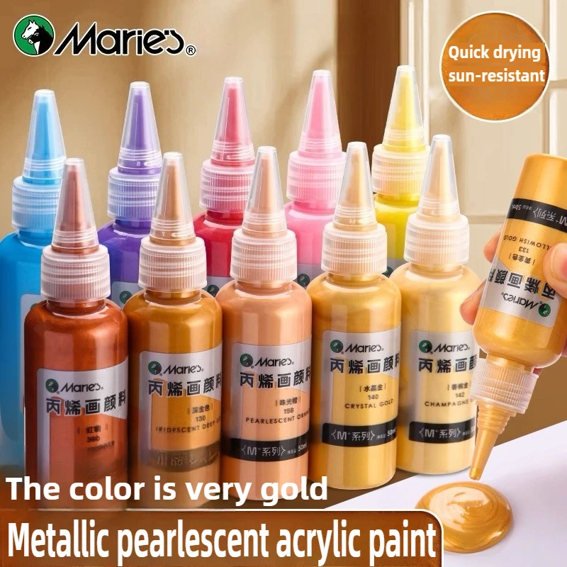 

Marie's 50ml Metallic Acrylic Paint Pearlescent Rich Shiny Pigments with Bottle, Golden Slivery for DIY Painting Art Supplies
